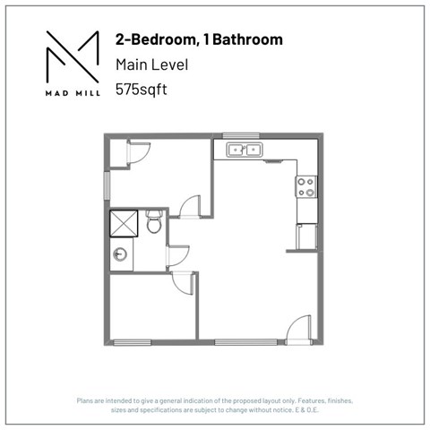 Floor plan for 2 beds, 1 bath, 575 sqft